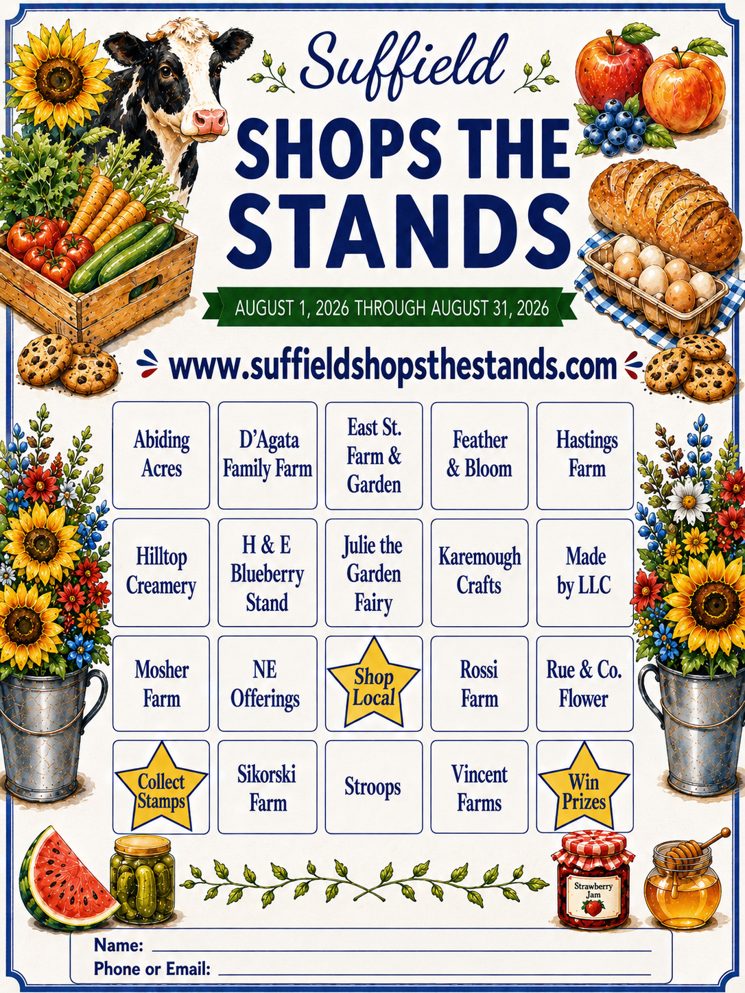 Suffield Shops the Stands stamp card listing participating farm stands and shops, with space to collect 5 stamps and enter your name and phone or email